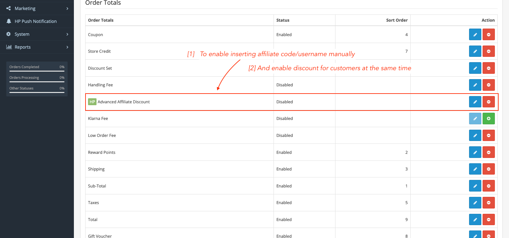 enable discount for customer affiliate and inserting affilate code manually opencart